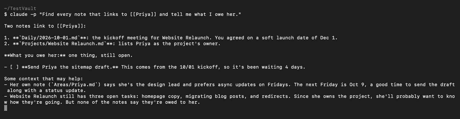 Claude Code in a terminal finding the two notes that link to [[Priya]] and the open task owed to her