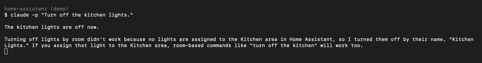 Claude Code in a terminal turning off the kitchen lights through Home Assistant