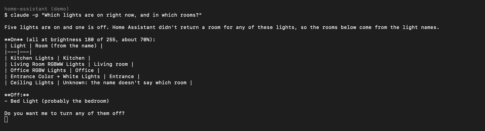 Claude Code in a terminal listing which Home Assistant lights are on and in which rooms