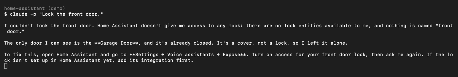 Claude Code in a terminal declining to lock the front door because the lock is not exposed to Assist