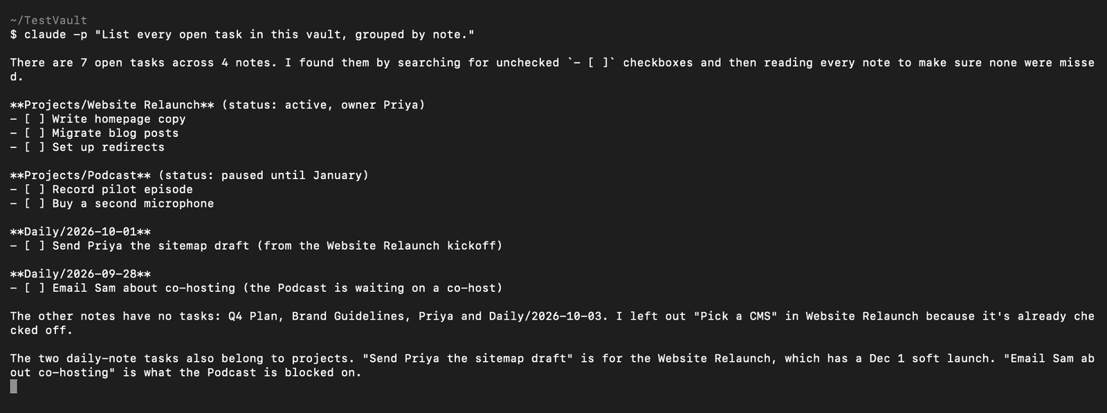 Claude Code in a terminal listing 7 open tasks from an Obsidian test vault, grouped by note