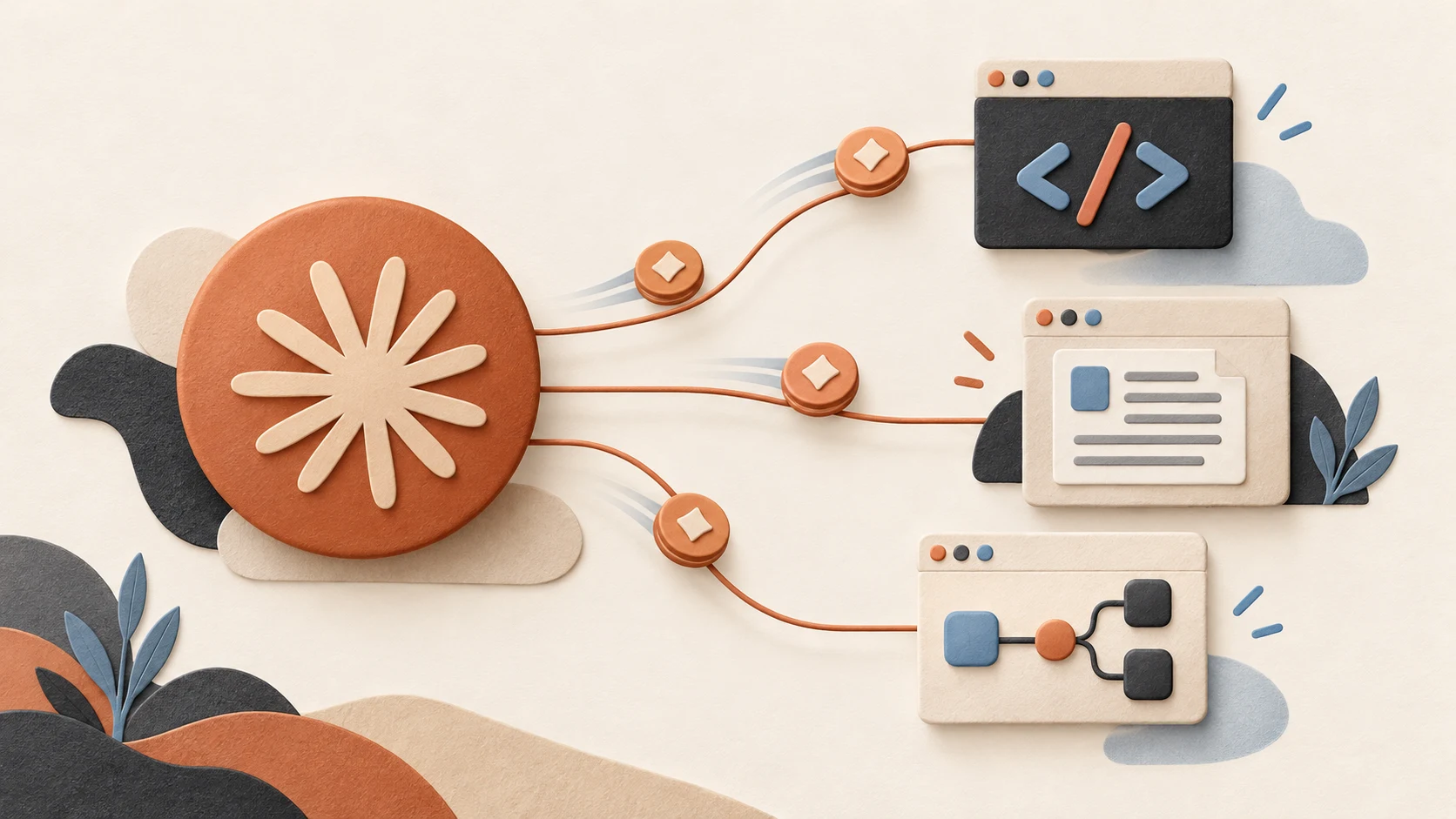 Editorial illustration of API credits connecting an AI hub to code, documents and an app workflow